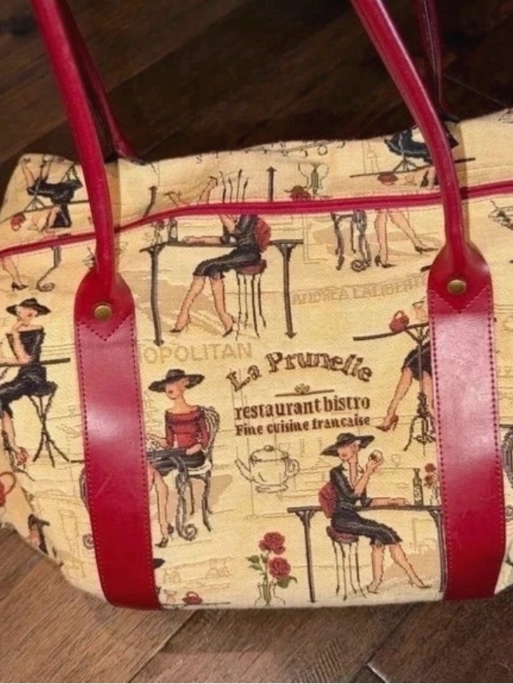 Vintage La Prunelle Red-Accent Canvas Tote Bag